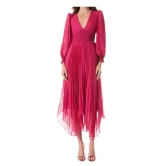 Alice + Olivia by Stacey Bendet Sion Sunburst Pleated Midi Dress Raspberry 0 NWT - Picture 1 of 2